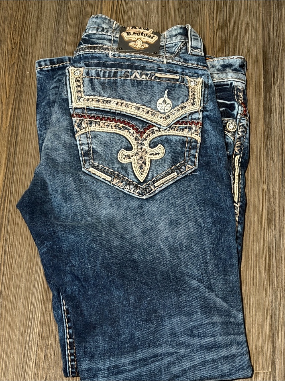 Ras Men's Slim Straight Dark Blue Jeans with Embroidered Back Pockets